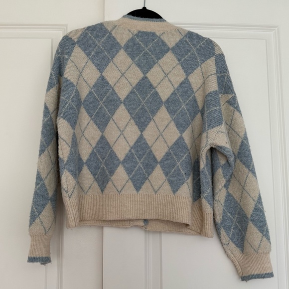 MANGO Knitted Cardigan With Diamonds | Argyle Blue Cream - Size S - Picture 2 of 5